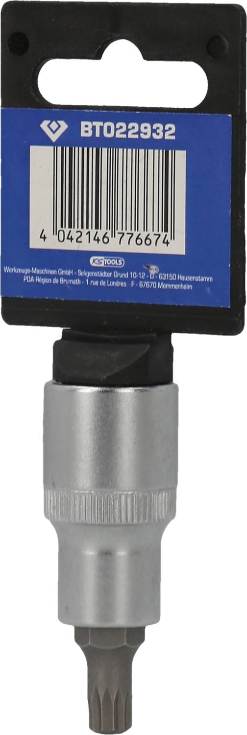 Stiftschlüsselaufsatz in silberner Farbe mit blauer Verpackung. Oben befinden sich der Code 'BT022932' und ein Barcode. Geeignet für Torx-Schrauben.