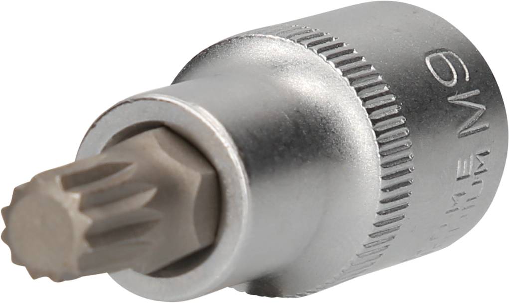 Metallischer Vielzahn-Bit-Einsatz mit hexagonalem Schaft; wird zur Befestigung oder Lösung von Schrauben in kompatiblen Arbeiten verwendet.