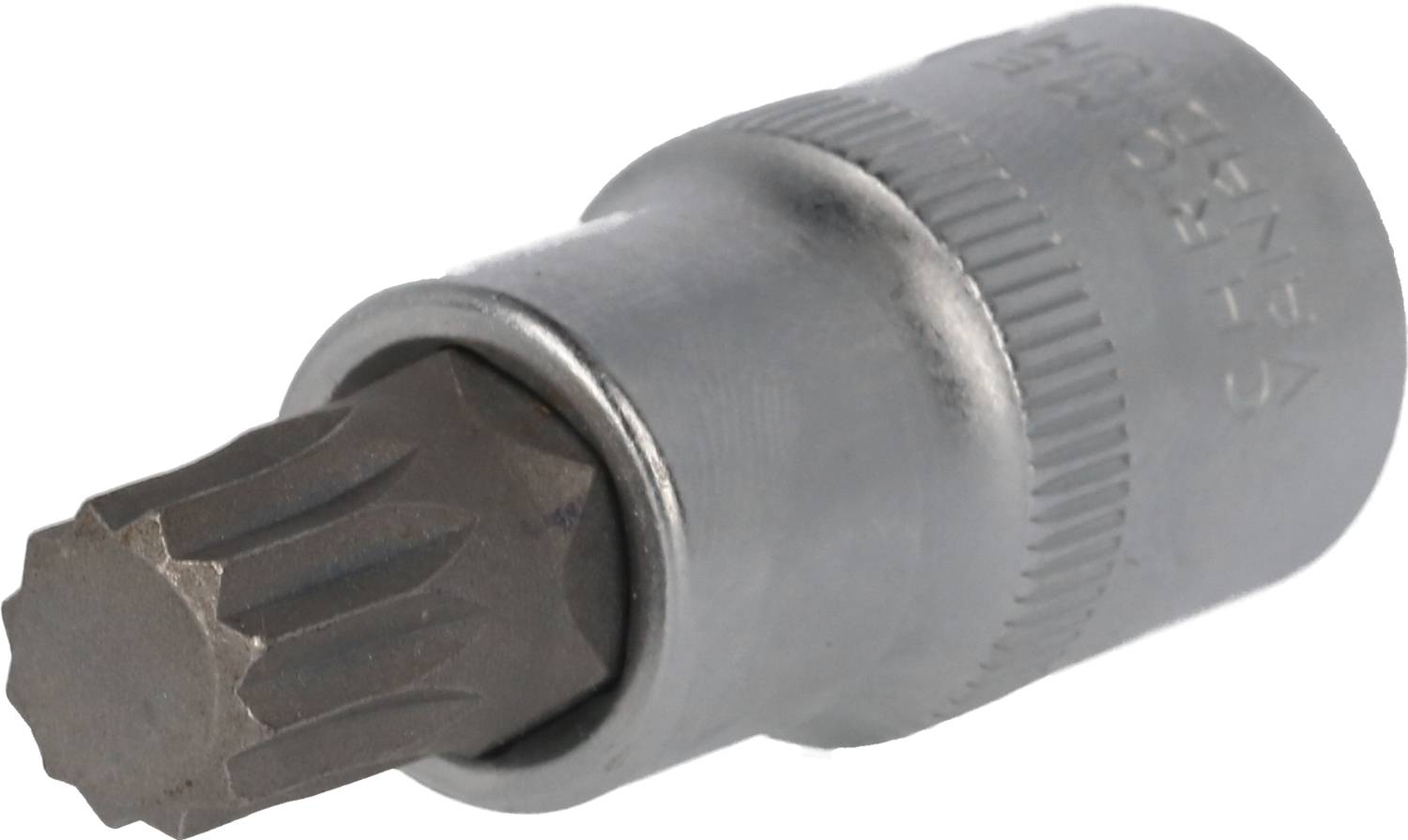 Ein silberner Vielzahn-Schraubendreheraufsatz aus Metall, geeignet für bestimmte Schraubentypen in der Kfz-Technik oder Mechanik.