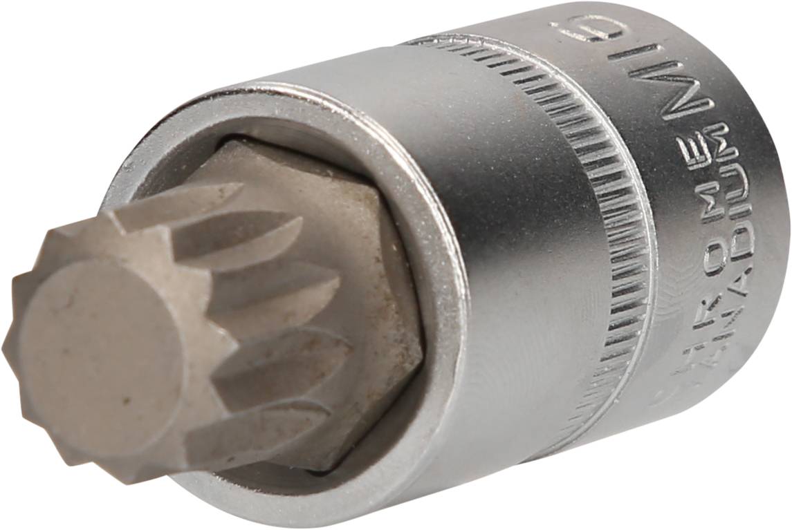 Metallschraubendreherbit mit gezahnter Nuss und zylindrischem Schaft, geeignet für spezielle Schraubköpfe in mechanischen Anwendungen.