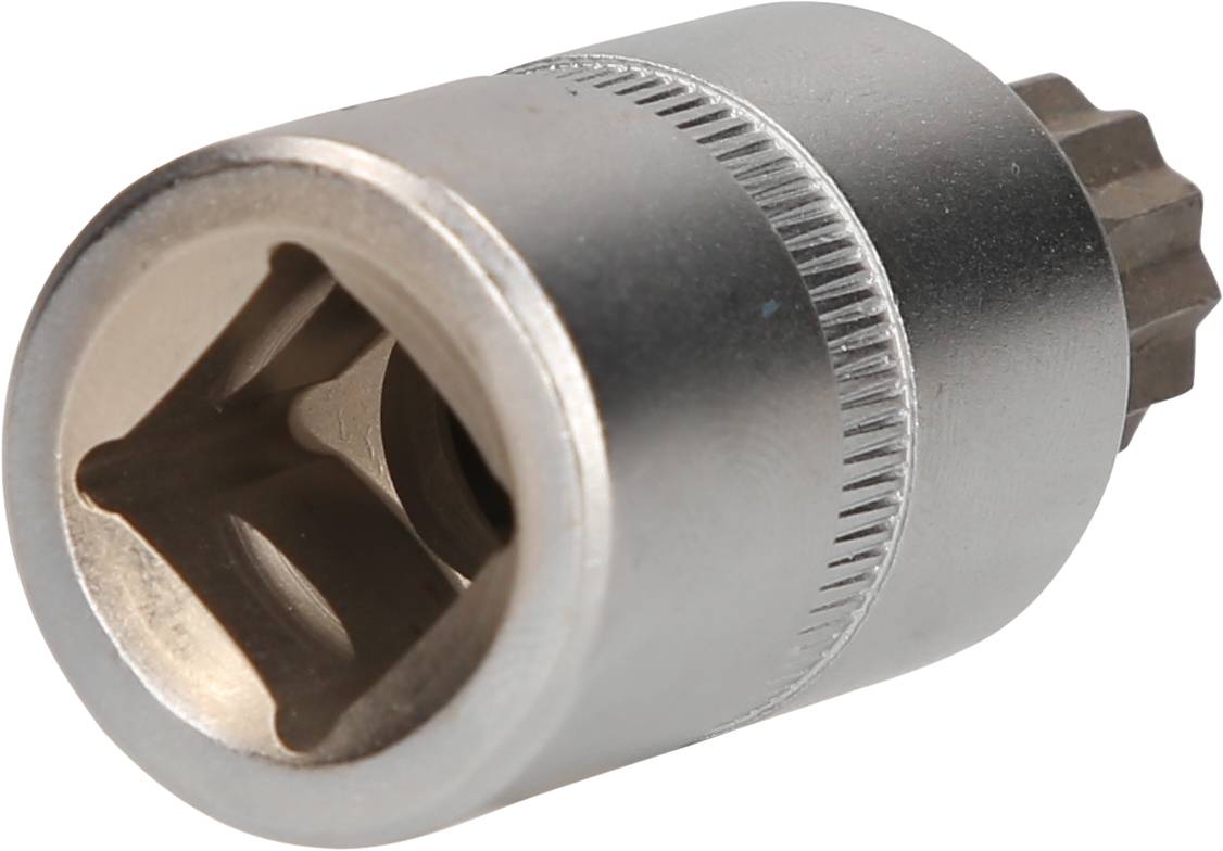 Steckschlüsseleinsatz mit geriffeltem Rand, zylindrisch, aus Metall; verwendet für Schraubarbeiten in Verbindung mit einem Drehmomentschlüssel oder Ratsche.