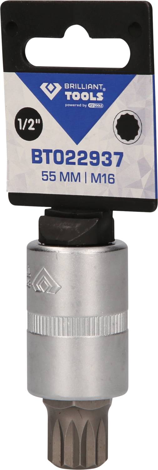 Steckschlüssel-Einsatz von Brilliant Tools, BT022937, Größe 55 mm, M16, mit 1/2 Zoll Antrieb. Verpackt an schwarzem Aufhänger.