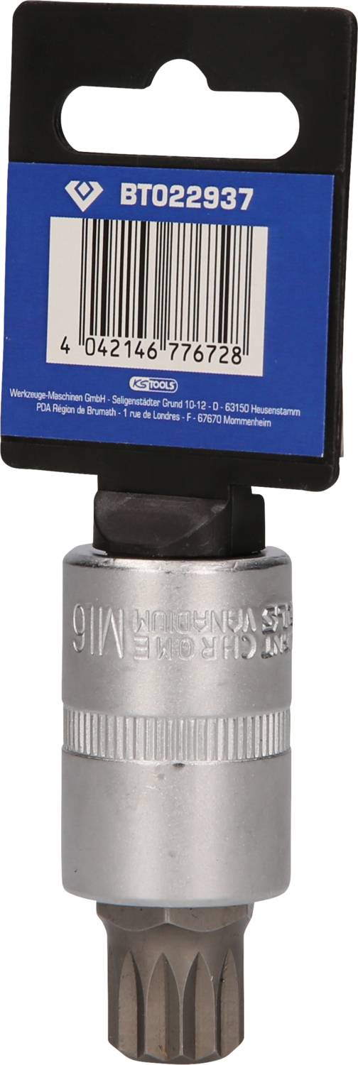 Steckschlüsseleinsatz mit Bit in M16-Größe, verpackt mit blauem Etikett und Barcode oben.