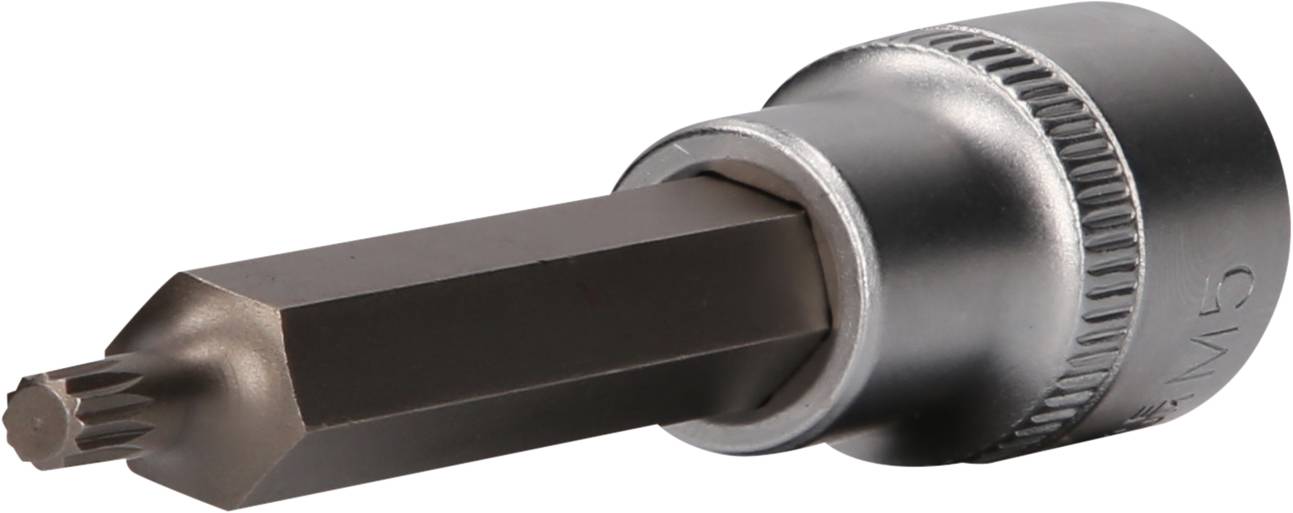 Steckaufsatz mit sternförmigem Sechskantkopf, geeignet für spezielle Schrauben. Hergestellt aus Metall mit Chrombeschichtung.