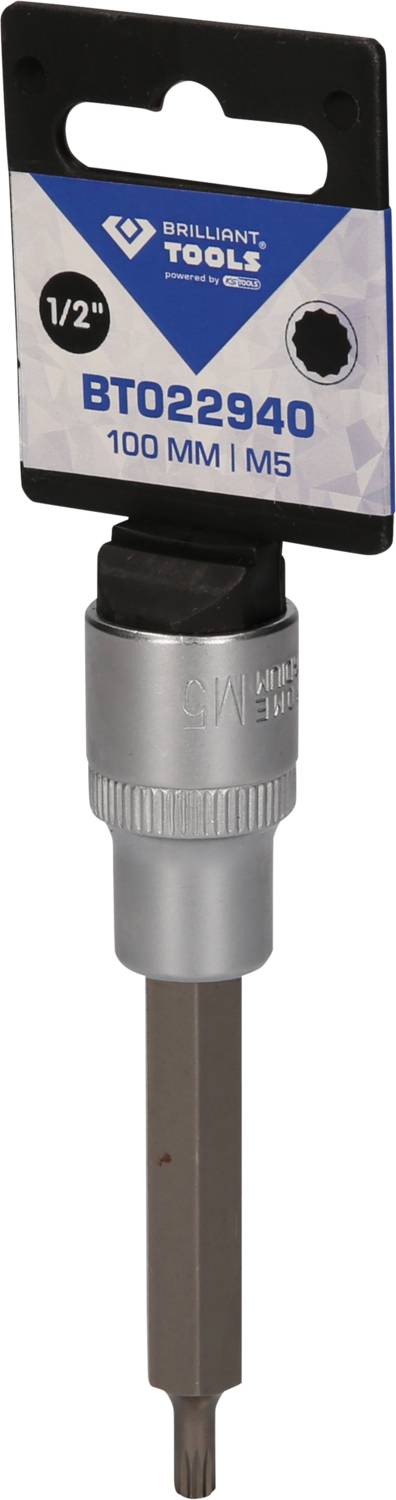Metallischer Schraubenzieheraufsatz mit sechseckigem Schaft, 100 mm lang, Größe M5, verpackt mit Etikett der Marke 'Brilliant Tools'.