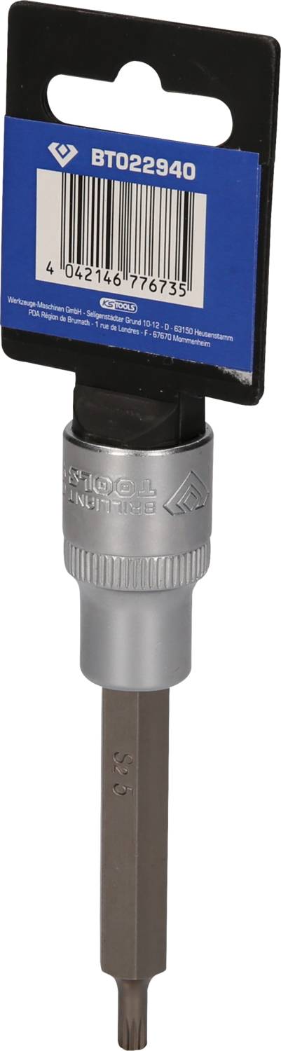 Schraubendreher-Bit mit sechseckigem Schaft in silberner Halterung. Verpackung mit Barcode und Produktnummer BT022940.