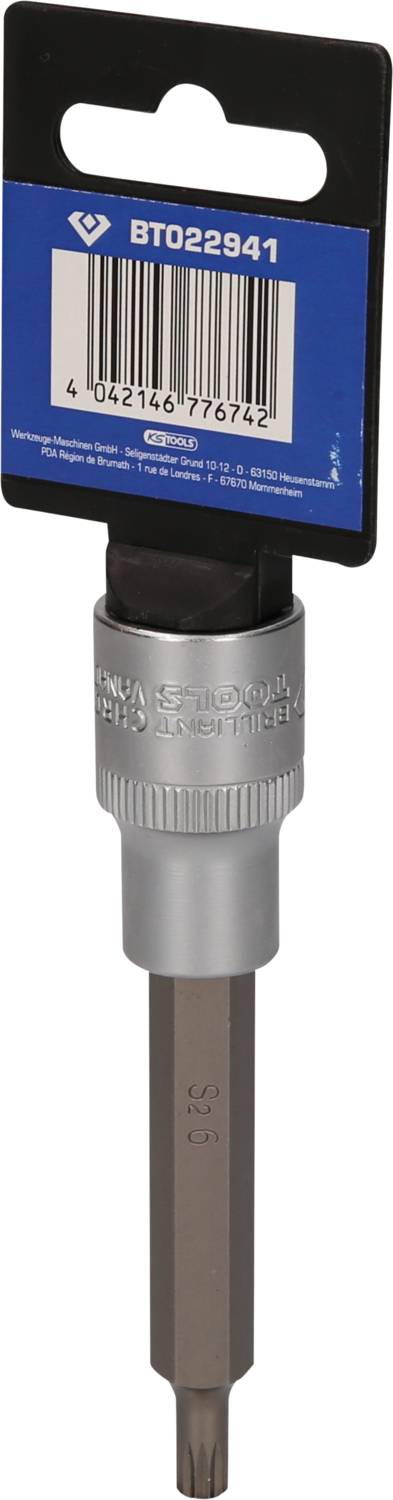 Ein Torx-Schraubendreher mit Sechskantaufnahme, befestigt an einer blauen Verpackungskarte, identifiziert durch einen Barcode.