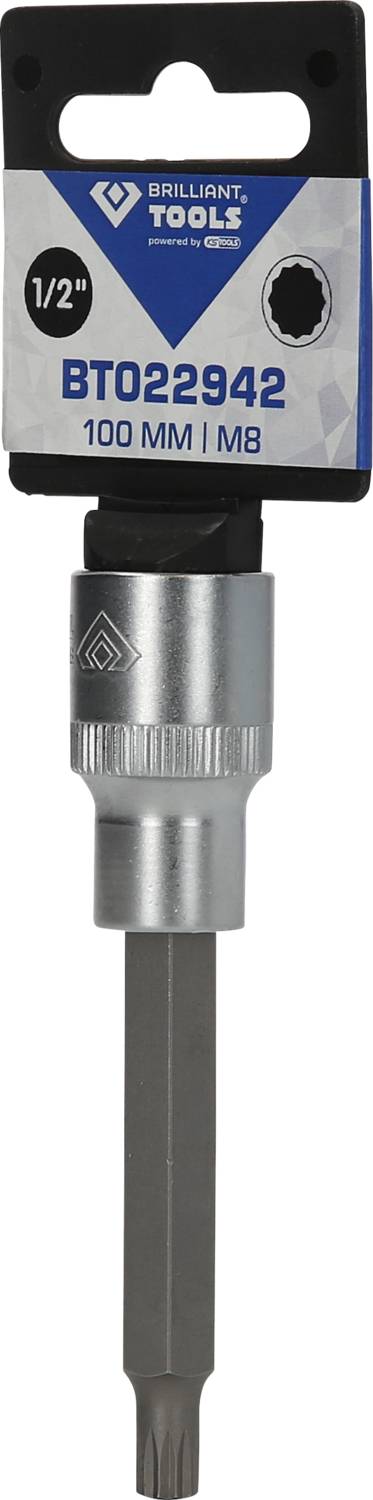 1/2 Zoll Torx-Bit von Brilliant Tools, Modell BT022942, Länge 100 mm, Größe M8; auf schwarzem Träger montiert.