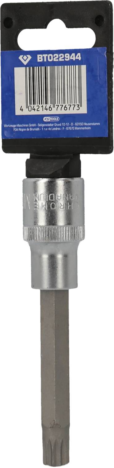 Eine silberfarbene Torx-Schraubbefestigung mit schwarzem Griff und blauer Aufhängung.