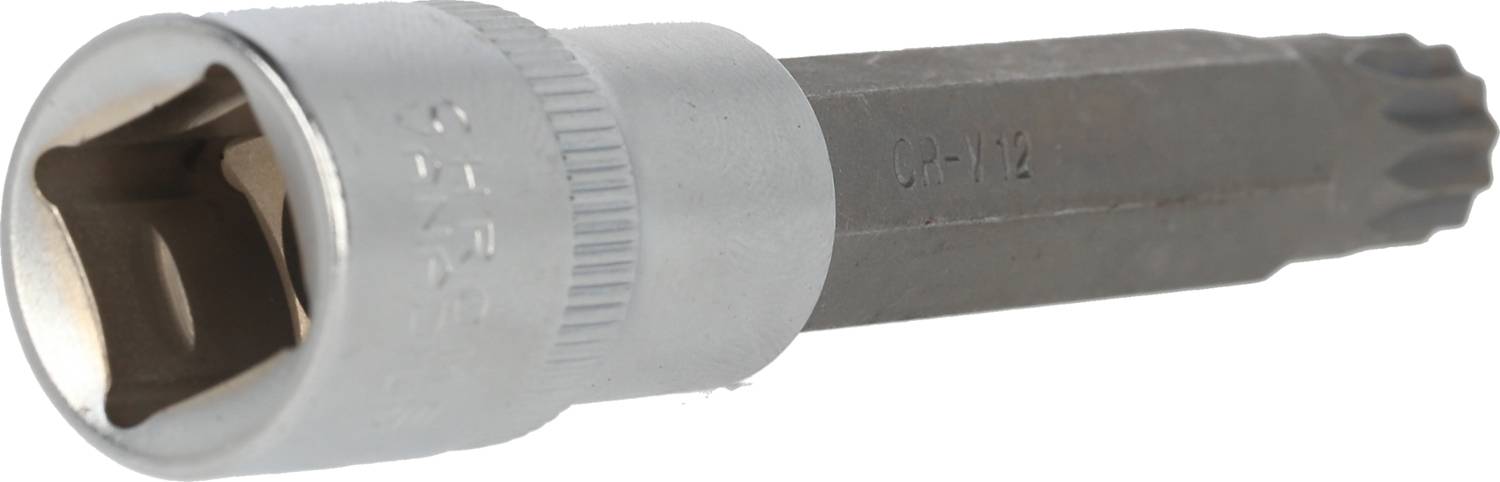 Ein silberner Steckschlüsselaufsatz mit einem Sechskantkopf und einer geriffelten Grifffläche, horizontal liegend.