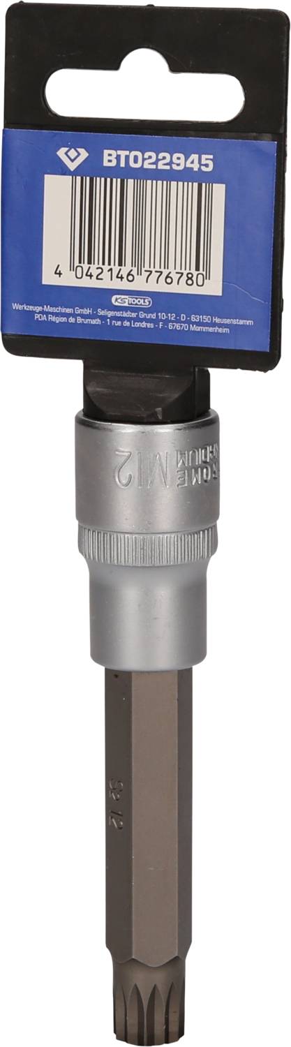 Schraubeinsatz mit sechseckigem Schaft und geriffeltem Griff vor Verpackung mit blauem Etikett. Artikelnummer BT022945 erkennbar.