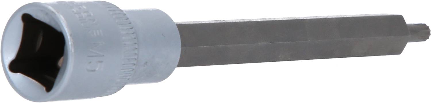 Langer Schraubenschlüsselaufsatz mit einem sechseckigen Schaft und einer quadratischen Öffnung, verwendet zur Verschraubung.