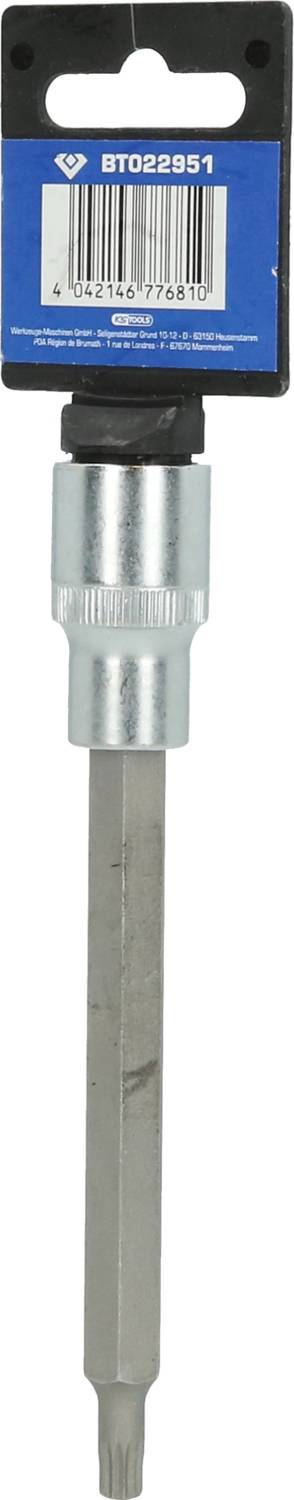 Schraubendreher-Bit mit blauem Etikett oben und Barcode. Langer Metallschaft und sechseckige Spitze zur Befestigung von Schrauben.