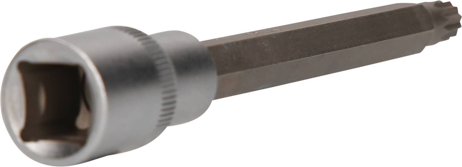 Ein silberner Vielzahn-Steckschlüssel mit sechseckiger Öffnung, geeignet für präzises Arbeiten an Schrauben mit passenden Antrieben.