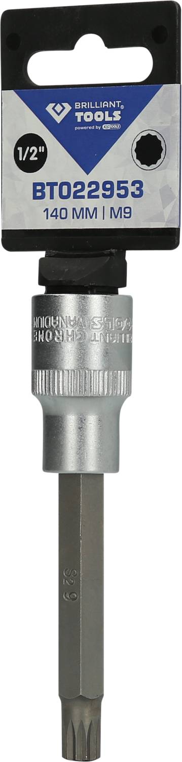 Sechskant-Steckschlüssel mit 1/2 Zoll Antrieb, Länge 140 mm, Größe M9, von Brilliant Tools. Verpackt mit blauem Etikett.