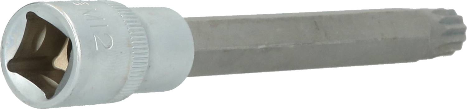 Ein silberner Vielzahnschlüssel mit geriffeltem Griff und Sechskantaufnahme, geeignet für den Einsatz in handwerklichen Arbeiten.