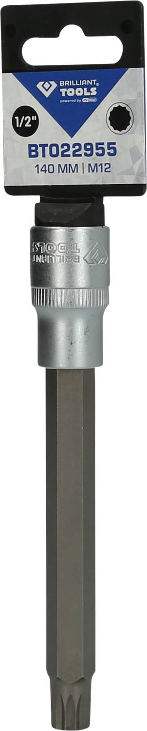 Steckschlüssel-Bit 'BT022955', 140 mm lang, mit 1/2-Zoll-Antrieb und M12-Profil, geeignet für Hand- und Elektrowerkzeuge.