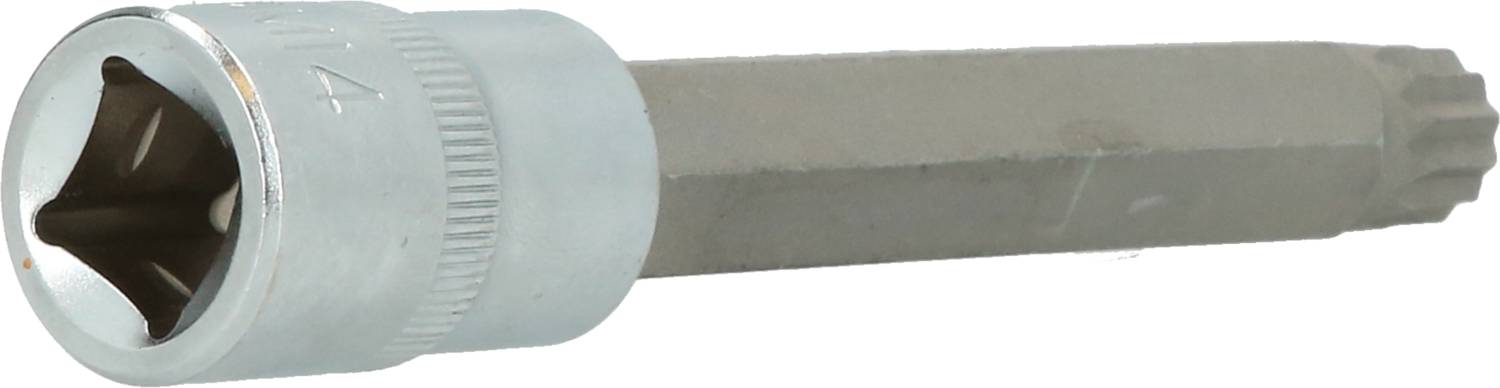 Ein Steckschlüsselaufsatz für Vielzahnschrauben mit sternförmigem Profil und langem Sechskantschaft, verwendet für Kfz-Reparaturen.