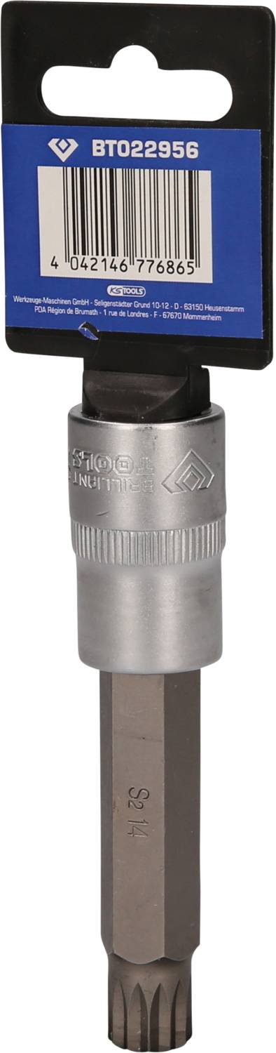 Vielzahn-Nüsseinsatz mit Halterung und Barcode, BT022956, Größe M10, geeignet für Ratschenschlüssel, Verpackung blau-schwarz.