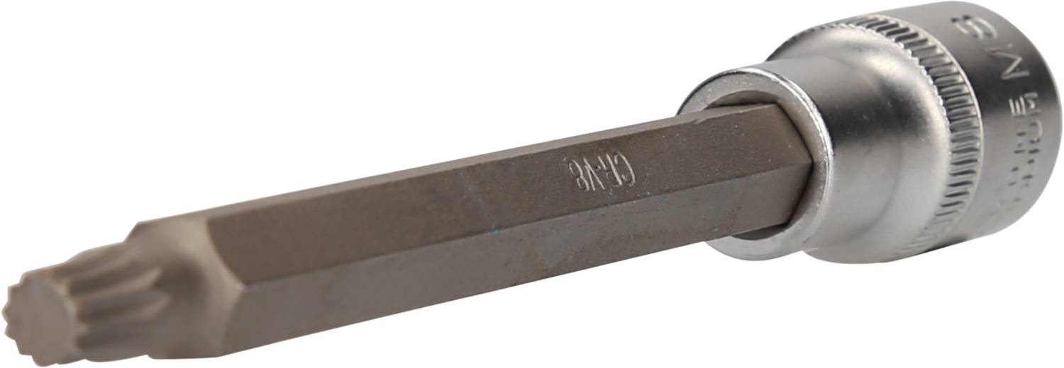 Bitschraubendreher mit einer sternförmigen Torx-Klinge und silbernem Sockel, seitlich auf weißem Hintergrund liegend.