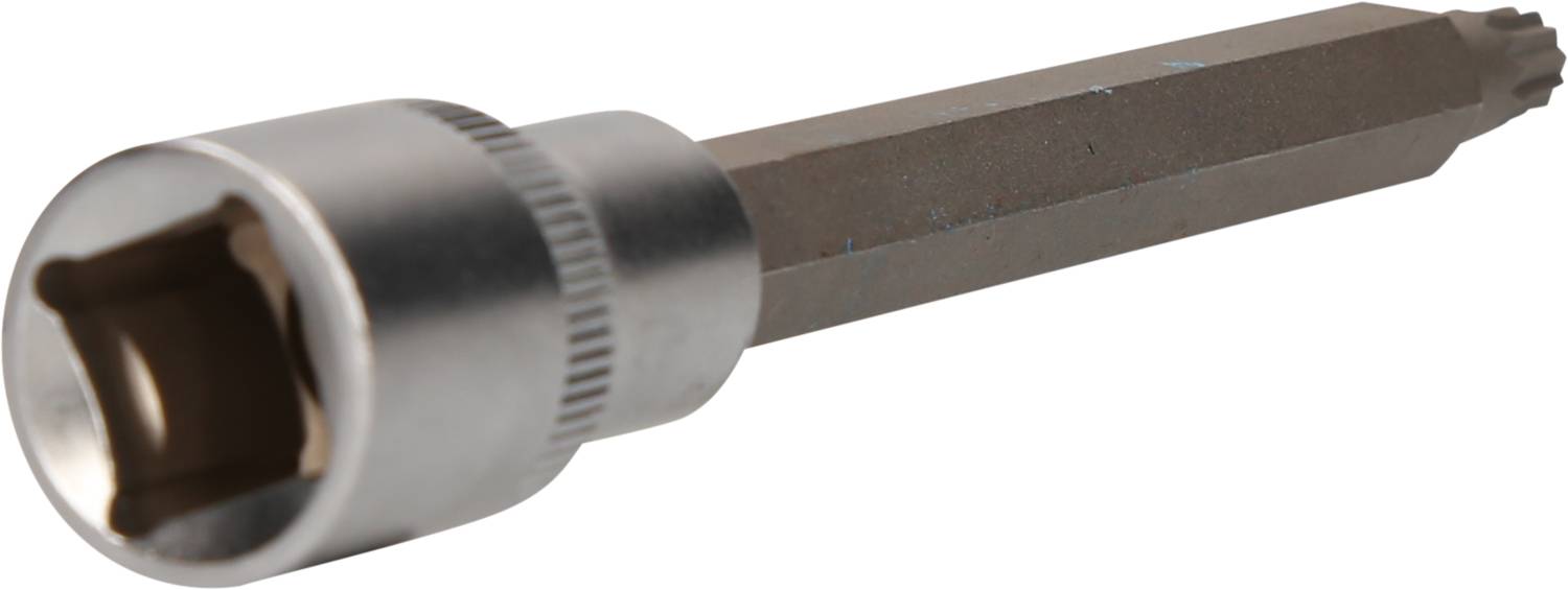 Ein silberner, sechskantiger Schraubendreher-Bit mit geriffelter Oberfläche am Schaft, zum Anziehen oder Lösen von Schrauben.