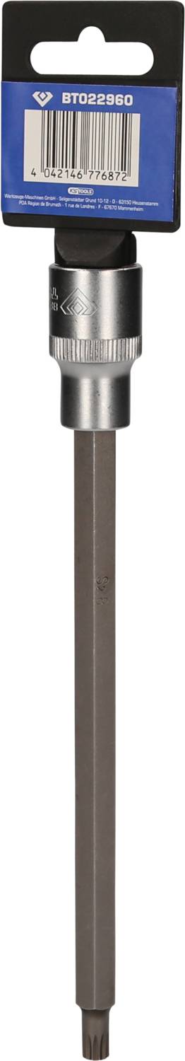 Langer Schraubendrehereinsatz mit T-Profil für spezielle Schraubverbindungen, montiert auf einer blauen Halterung mit Produktnummer.