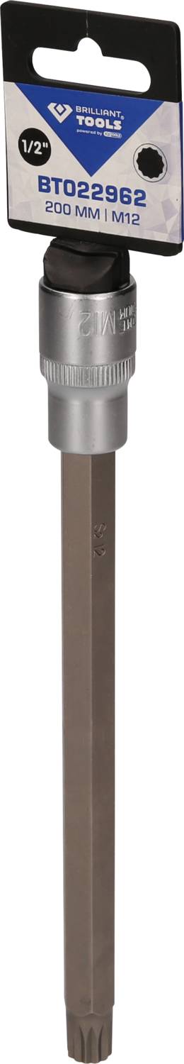 Langer silberner Schraubendreheraufsatz mit sechskantigem Schaft und schwarzem Magnetkopf, geeignet für 1/2 Zoll Steckschlüssel.