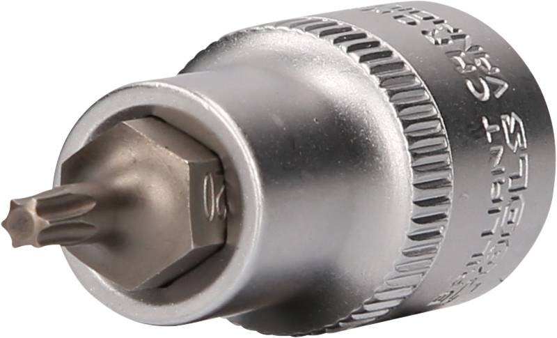 Metallischer Torx-Bit-Aufsatz mit silbernem Finish, zylindrischer Form und geriffeltem Rand für verbesserten Halt.