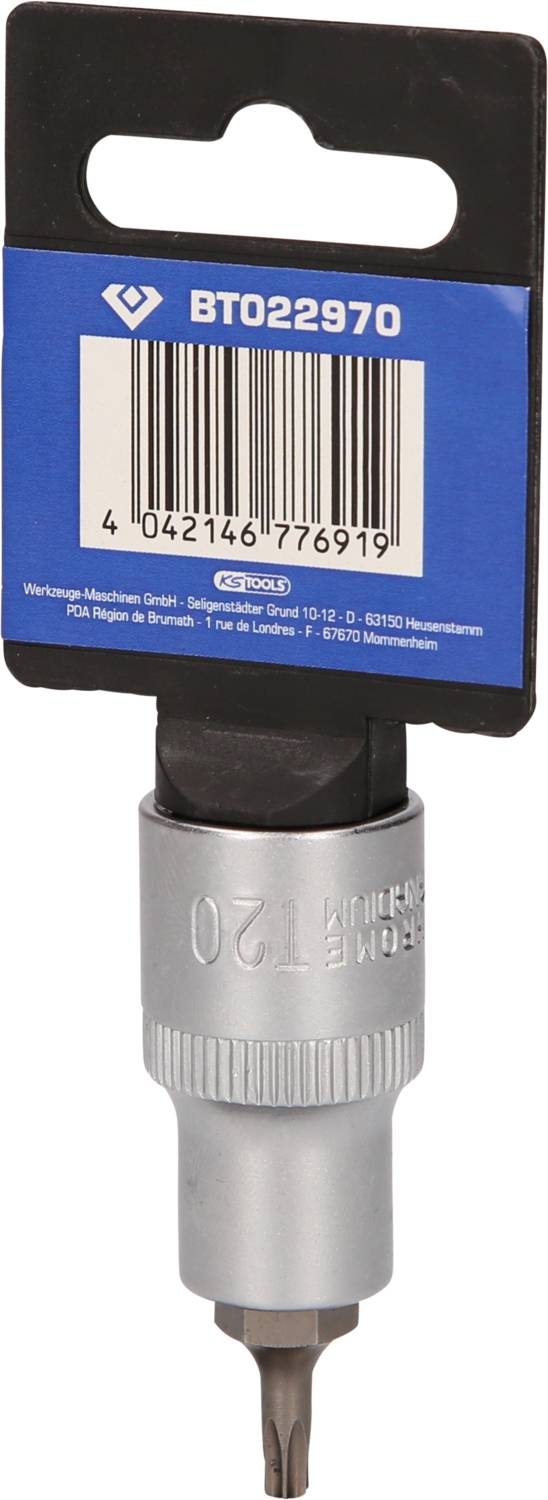 Ein silberner Schraubendreheraufsatz mit blauem Etikett, das einen Barcode (4042146776919) und Produktcode (BT022970) zeigt.