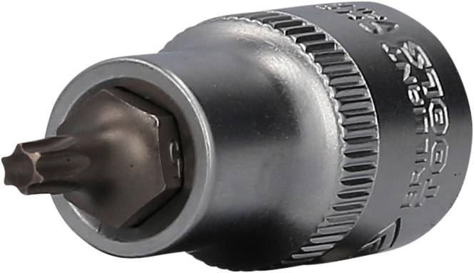 Ein metallischer Steckaufsatz für einen Schraubendreher, mit Torx-Kopf und geriffeltem Rand für besseren Halt.