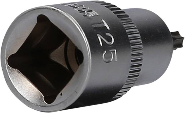 Stecknussadapter aus Metall mit 'T25' Kennzeichnung am Rand. Verwendet für Schraubverbindungen in Werkzeugen.