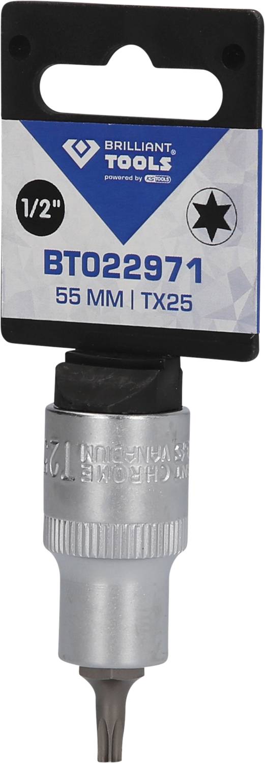 'Brilliant Tools' TX25-Bitadapter, 55 mm Länge, 1/2-Zoll-Antrieb, Modellnummer BT022971, abgebildet mit Verpackungsetikett.