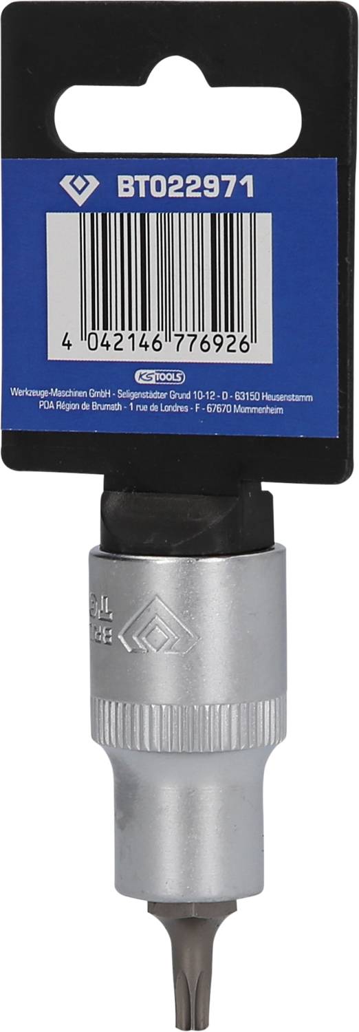 'BT022971' Schraubendreheraufsatz in silberner Farbe, Verpackung mit Produktcode und Barcode sichtbar.