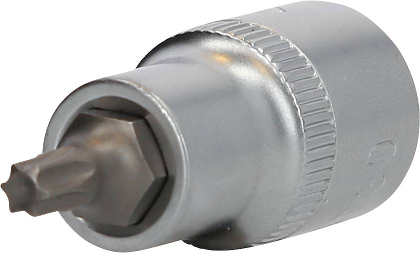Ein Torx-Bitaufsatz aus Metall, silberfarben, geeignet für Schraubendreher oder Ratschen.
