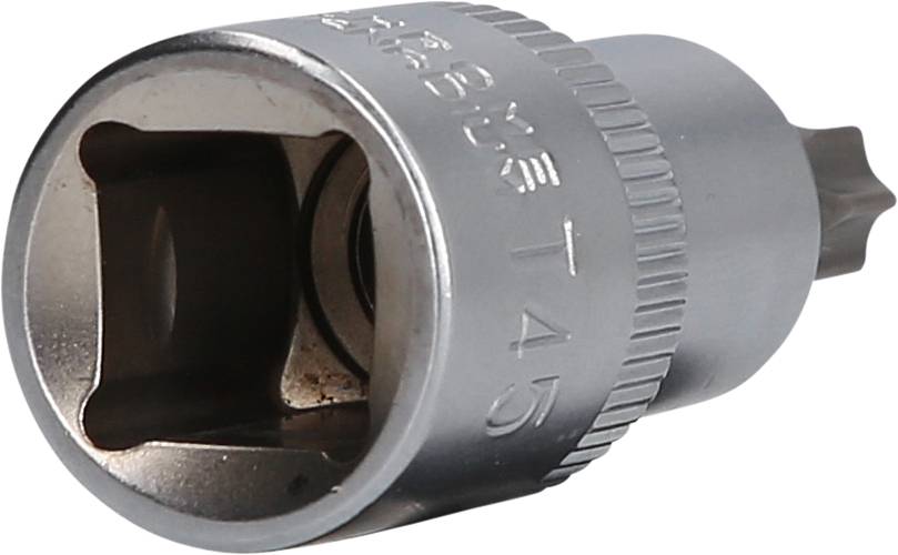 Metallschraubenadapter mit silberner Oberfläche, rechteckigem Einsatz und geprägter Aufschrift 'T45'.