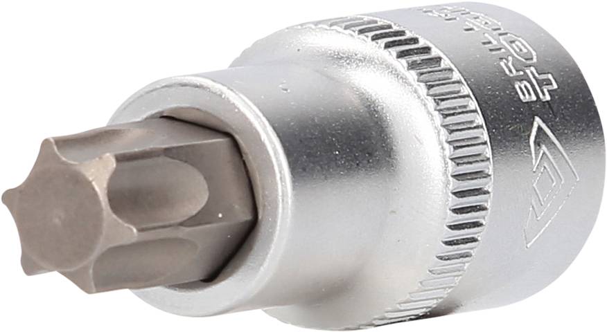 Ein silberner Torx-Bitaufsatz mit Riffelung für besseren Halt, ausgelegt für präzises Arbeiten mit speziellen Schrauben.