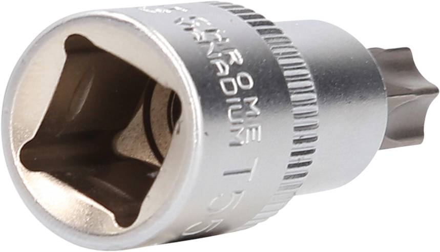 Ein silberner Schraubaufsatz mit sternförmigem Ende, geeignet zum Anziehen oder Lösen von speziellen Schrauben.