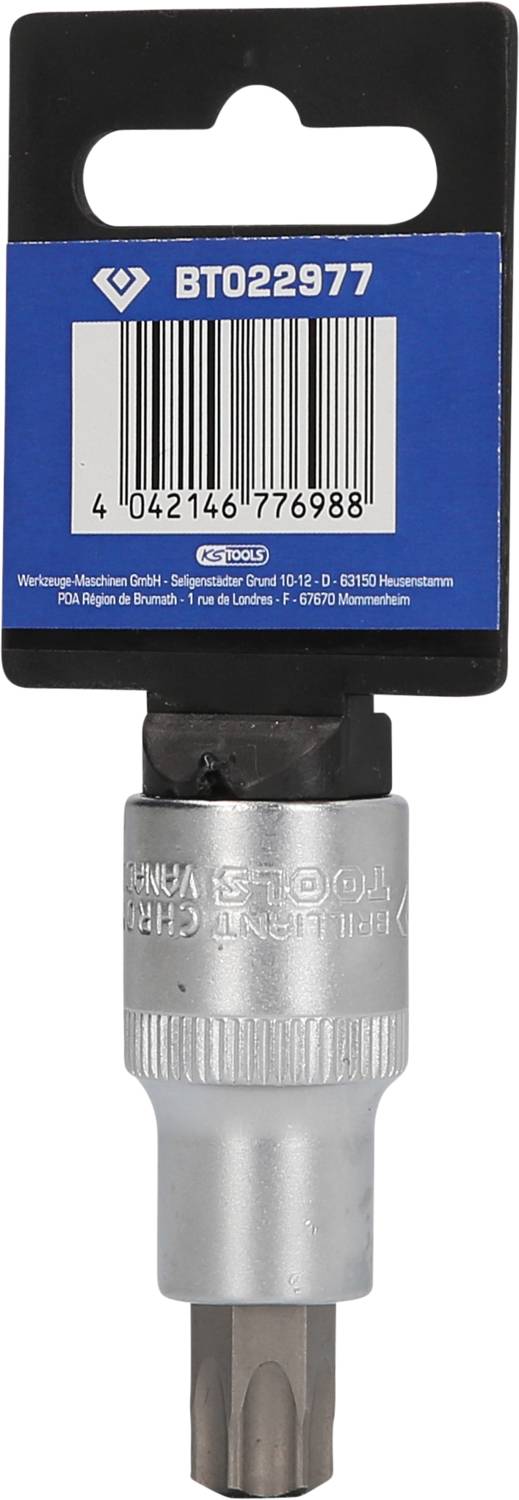 Bitschrauber mit blauem Etikett 'BT022977'. Enthält Barcode und Herstellerinformationen am oberen Etikettenteil.