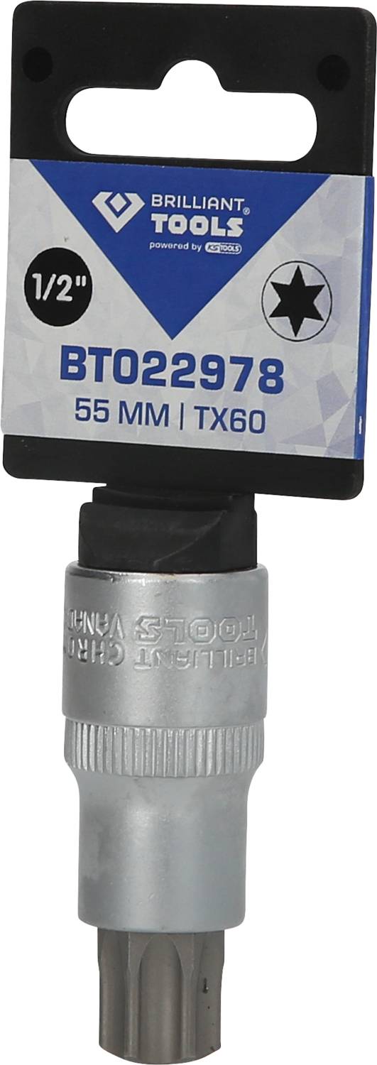 Eine Stecknuss der Marke 'Brilliant Tools', 55 mm Größe, mit der Kennzeichnung 'BT022978' und 'TX60', geeignet für 1/2 Zoll Adapter.