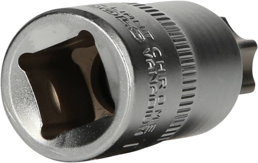 Eine silberne Stecknuss aus Chrom-Vanadium-Stahl, zylindrisch mit einem quadratischen Ende für einen Steckschlüsselaufsatz.