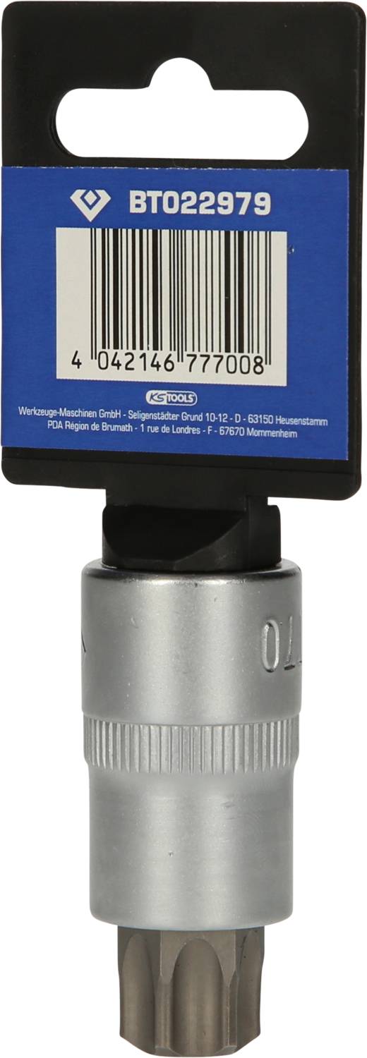 Griffbereit verpackte Metall-Schraubendreher-Bit mit Verpackungsaufhänger und Barcode.