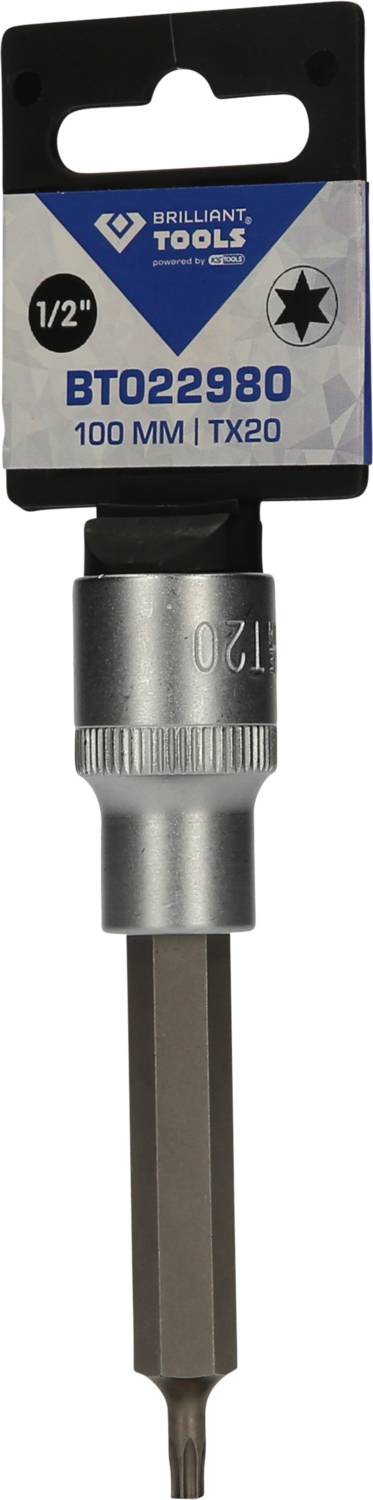 'Brilliant Tools' Bit, Modell BT022980, 100 mm Länge, TX20, Antrieb 1/2 Zoll, silberne Farbe, industrieller Gebrauch.