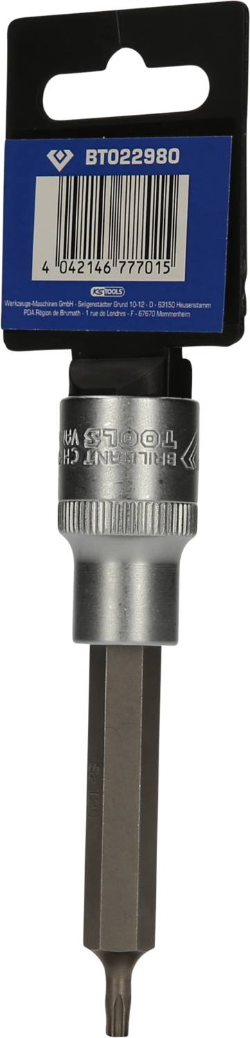 Metallschraubendreher-Bit mit sechseckigem Griff, silber und schwarz. Verpackung mit Barcode und Produktcode 'BT022980'.