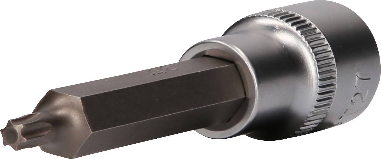 Ein Metallaufsatz für einen Schraubendreher mit einem sechseckigen Kopf, geeignet für Arbeiten an spezifischen Schraubentypen.