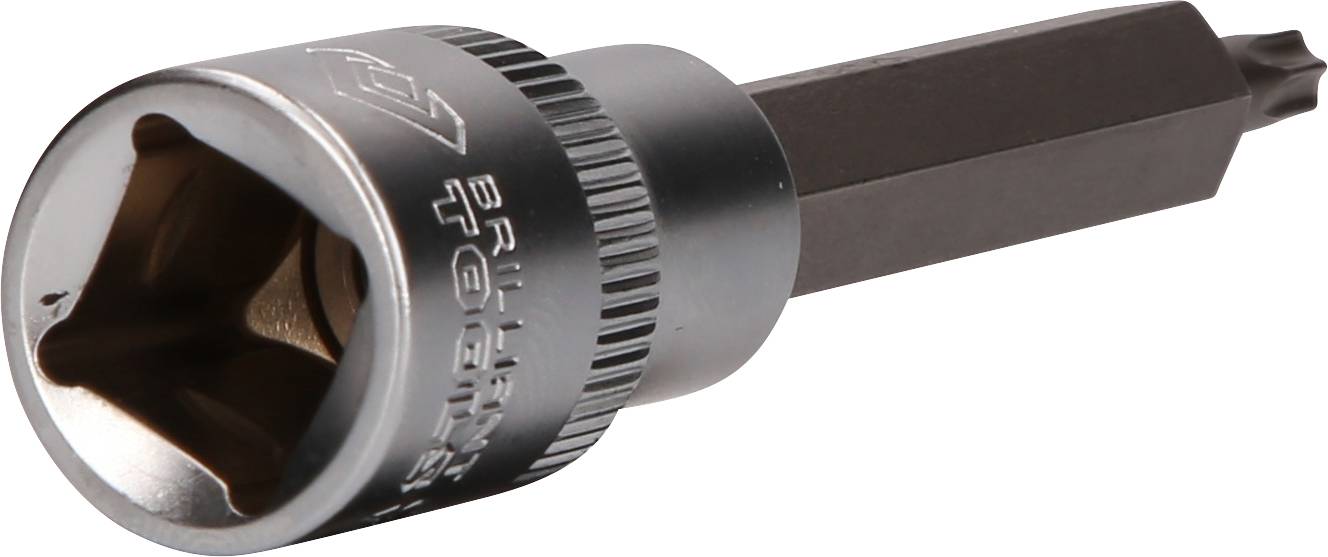 Ein silberner Bit-Schlüsselaufsatz mit einem schwarzen T-Profil-Einsatz. Das Werkzeug wird zum Festziehen von Schrauben verwendet.