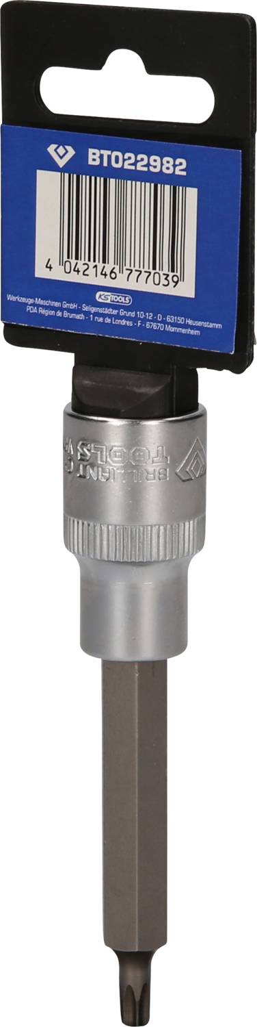 Schraubendreher-Bit mit blauem Etikett, Barcode und Modellnummer 'BT022982'. Silberne Metallhülse und sechseckiger Schaft.