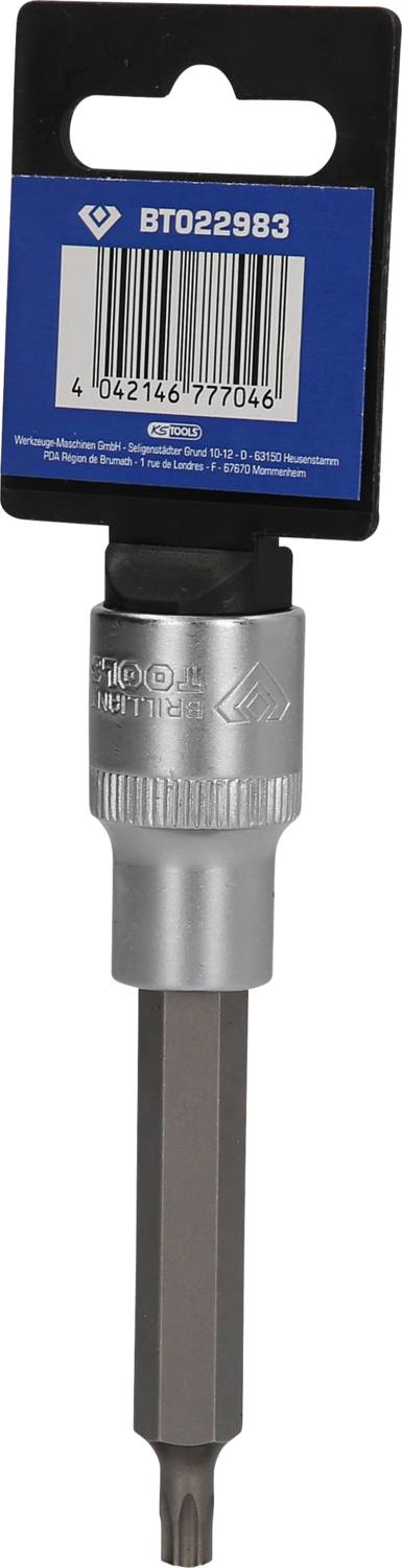 Silverline Torx-Schraubendreheraufsatz mit Barcode und Verpackungsetikett. Enthält Produktcode und allgemeine Informationen.