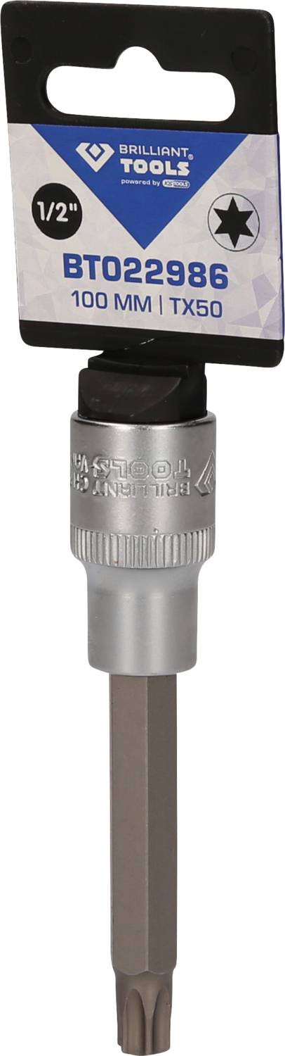 Werkzeugaufsatz, 1/2 Zoll, TX50, 100 mm Länge, Marke 'Brilliant Tools', mit sechseckigem Schaft und Verpackungsanhänger.