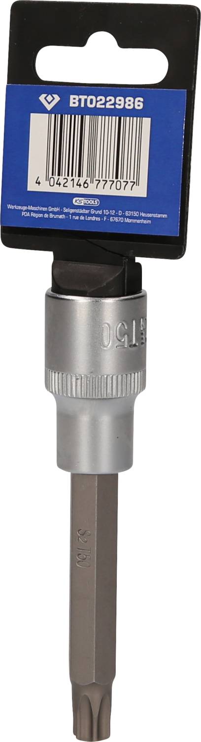 Metallischer Steckschlüssel mit schwarzem und blauem Verpackungsetikett mit der Nummer 'BT022986'. Geeignet für mechanische Arbeiten.