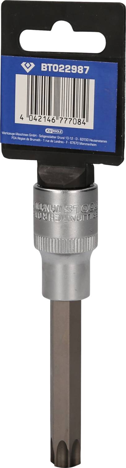 Ein silberner Bitaufsatz mit sechskantiger Spitze, befestigt an einer blauen Verpackungskarte mit der Aufschrift 'BT022987'.